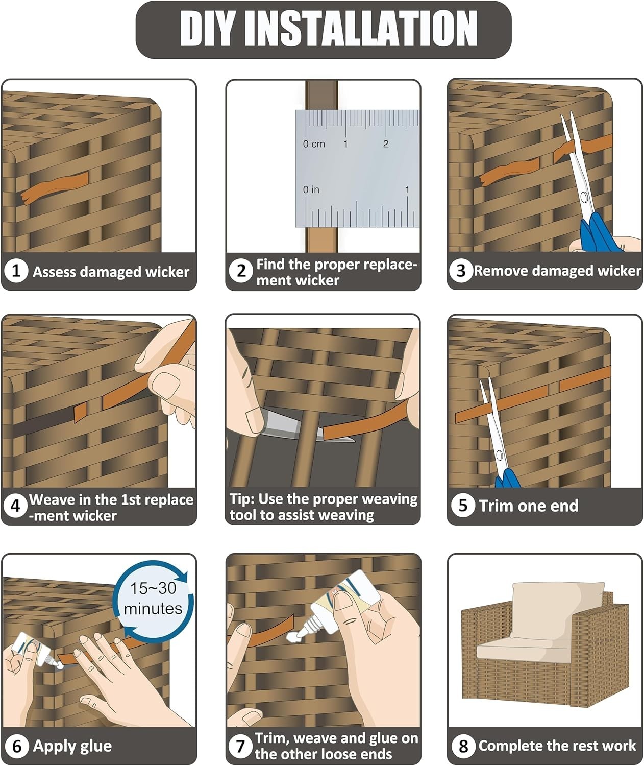 "Wicker Repair Kit, 120 Ft Gray Wicker Repair Supplies, Plastic Rattan Material