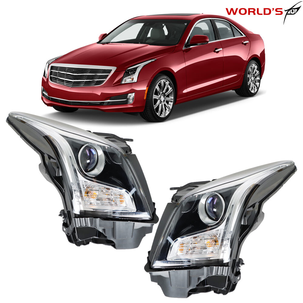 Right+Left Headlight For 2013-2018 Cadillac ATS Halogen Projector Chrome Housing