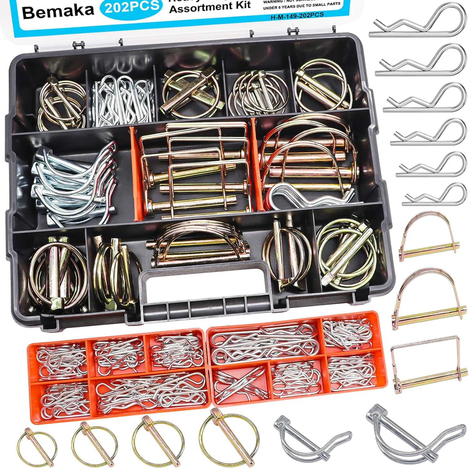 202Pcs Hitch Pins Clip Pins Assortment Kit, Heavy Duty Hitch Pins R Clip, Linch