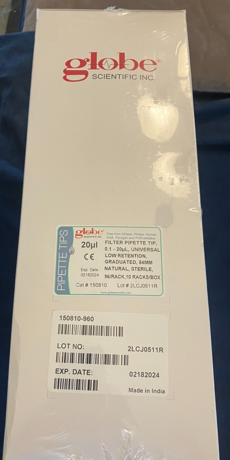 new Globe Scientific 20 ul filter pipette tips 96 rack/10 rack box