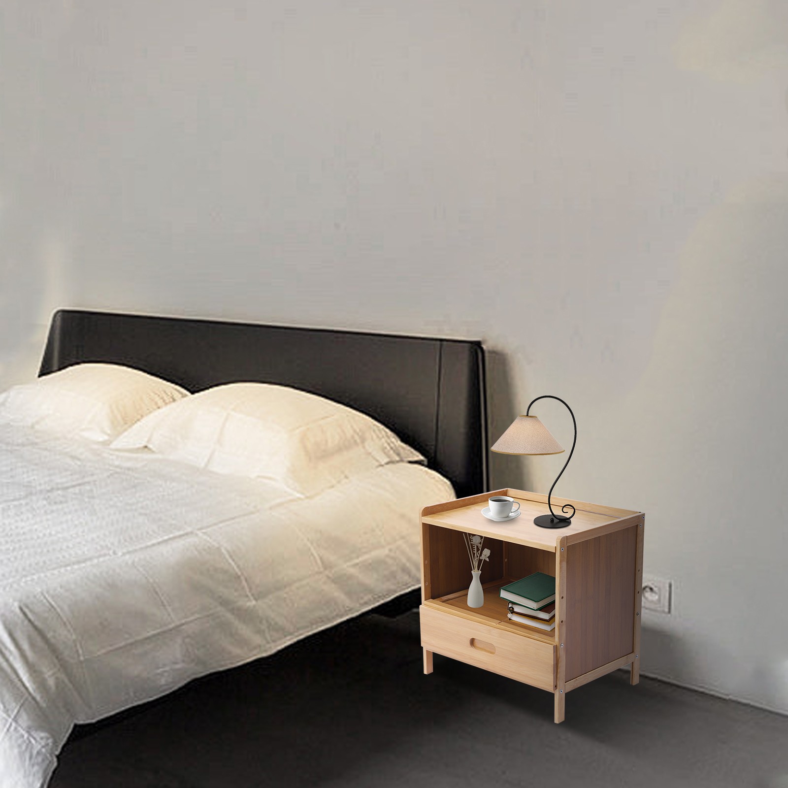 Bamboo Night Stand Bedside Table- Bed Side Table with Drawers, Small Nightstand