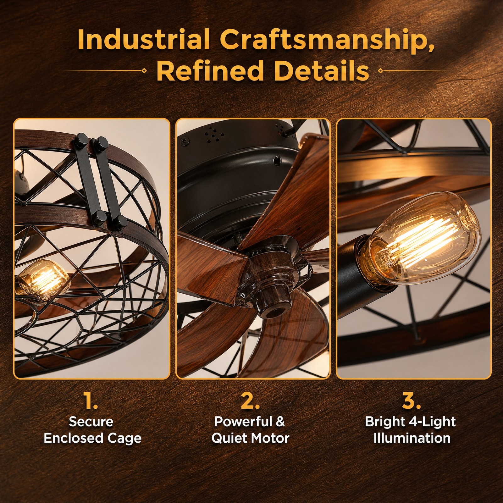 20 inch Rustic Black Caged LED Ceiling Fan with Light Flush Mount Remote Control
