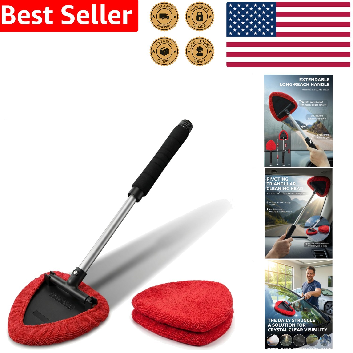 Windshield Cleaner Tool Extendable Long Handle Pivoting Head Microfiber Bonnets