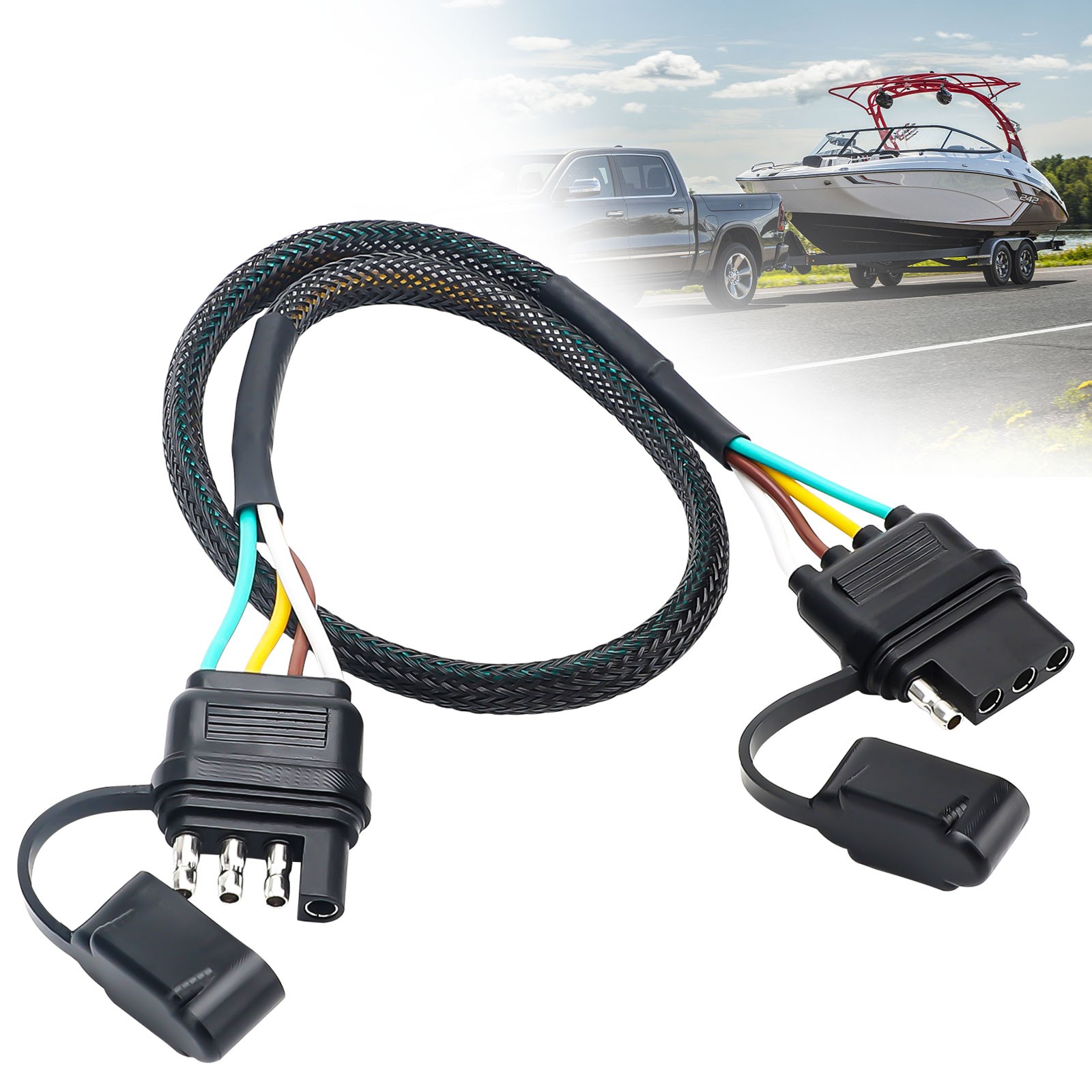 4 Pin Flat Trailer Light Plug Connector Wire Extension Wiring Harness Extender