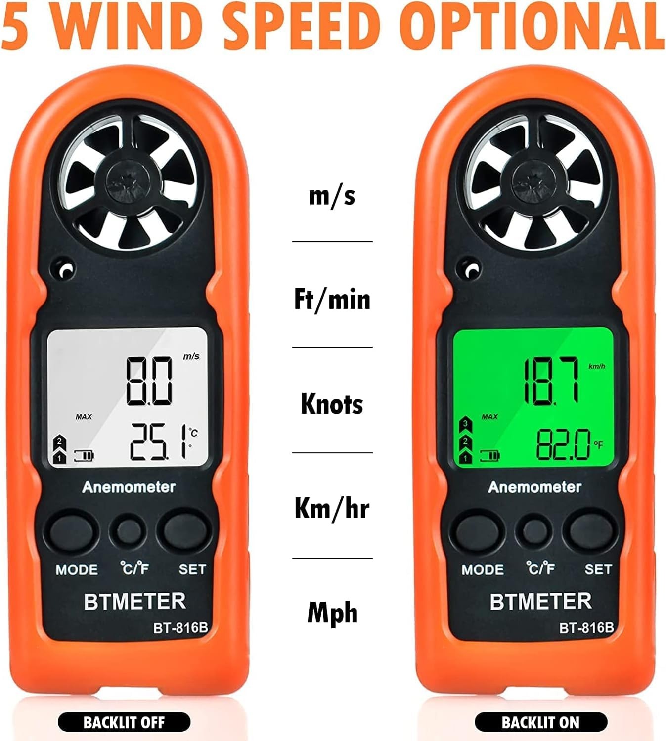 Anemometer Handheld Wind Speed Meter, BT-816B Mini Digital Air Flow Meter wit...