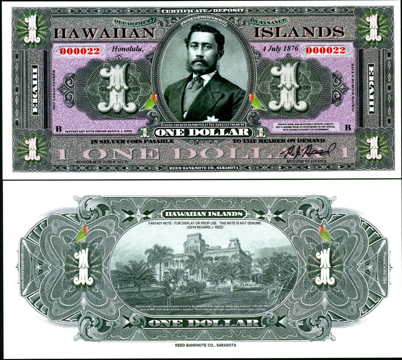 HAWAIIAN ISLANDS 1 DOLLAR FANTASY ART NOTE SERIES B 2019 ISSUE, KING LUNALILO I