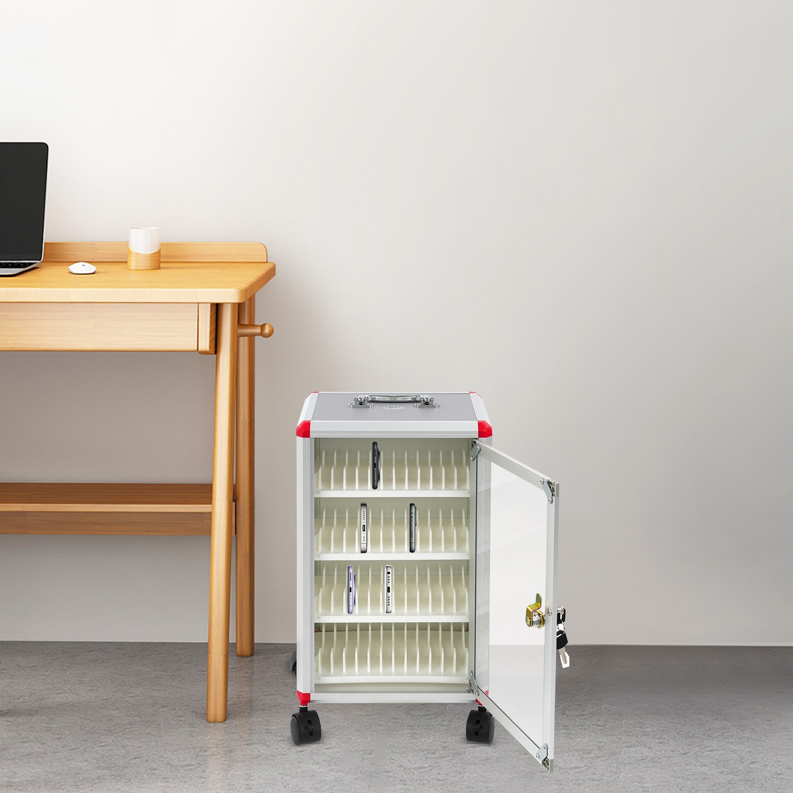48-Slot Mobile Phone Storage Cabinet with Lock and Rolling Wheels