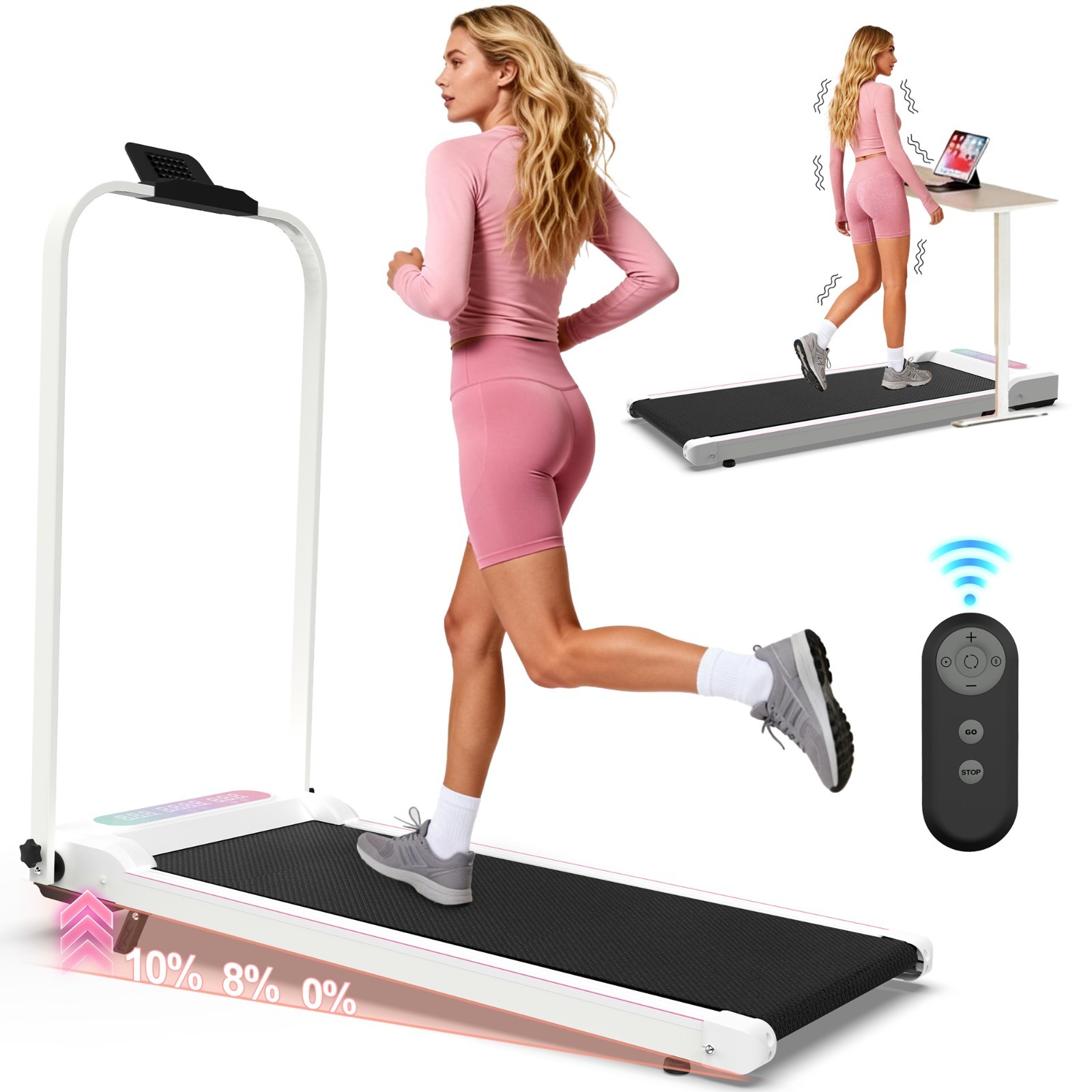 2 in 1 Foldable Treadmill Incline Handle Bar Walking Pad Vibration Pad Remote