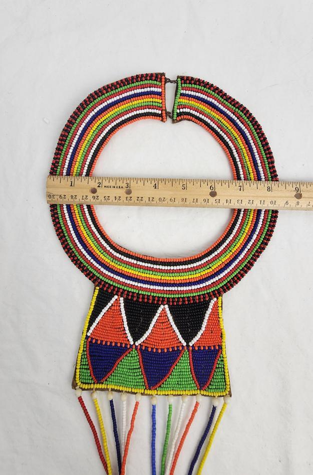 Maasai Tribal Beaded Leather Bib Collar Necklace - 8 1/4 x 5 1/4 in, Vintage