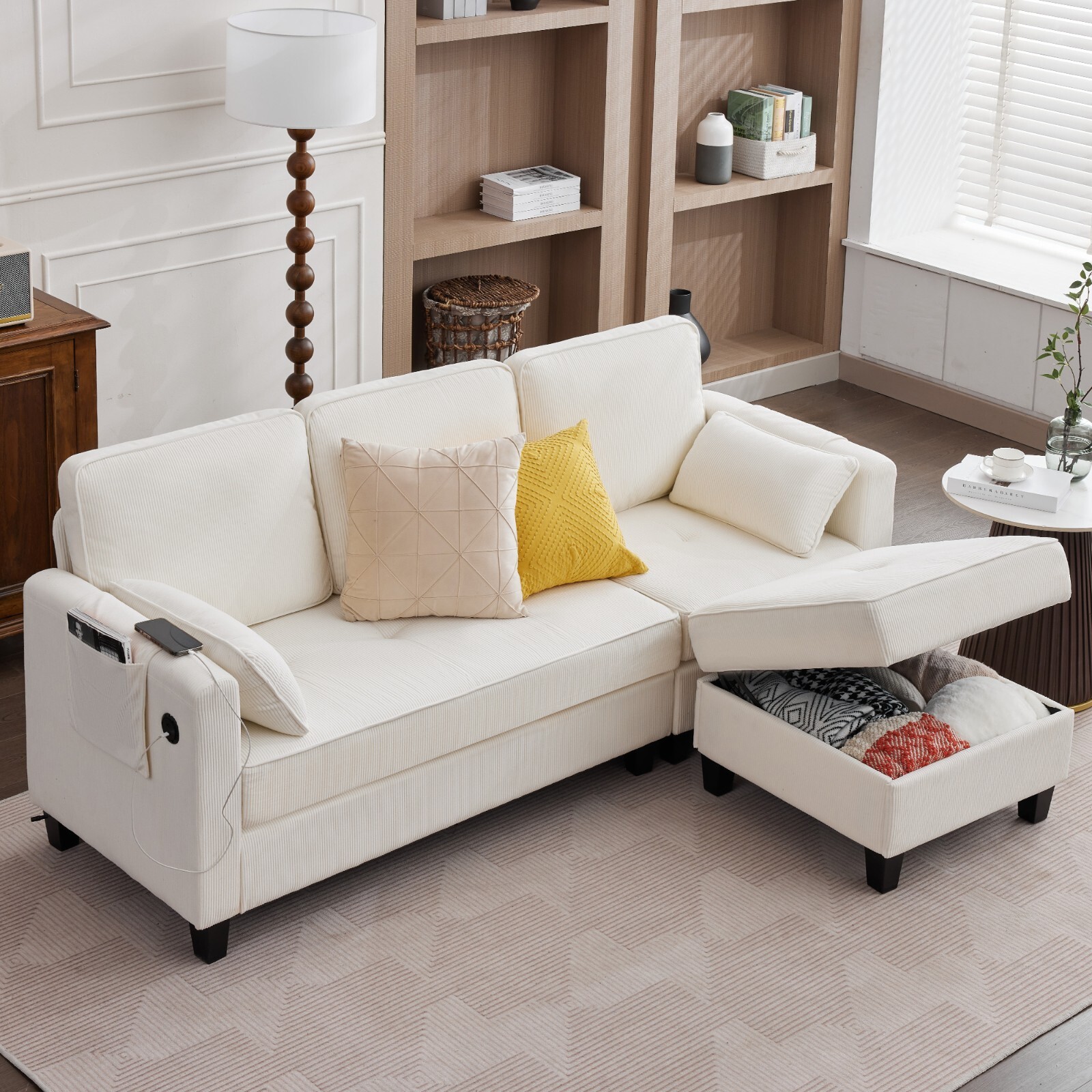 Convertible Sectional Couches W/Storage Chaise, USB Ports, Side Pockets