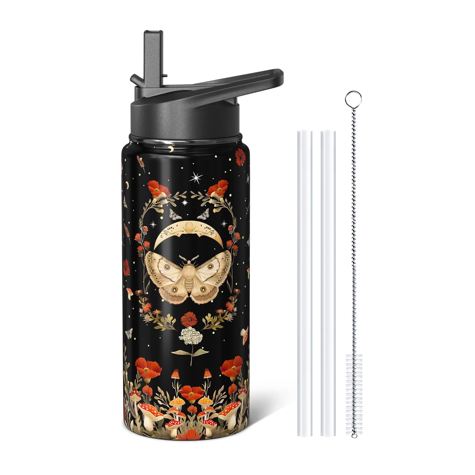 Goth Gifts 18oz Sport Water Bottle with Flip Straw & Spout Lid, Gothic Poppy ...