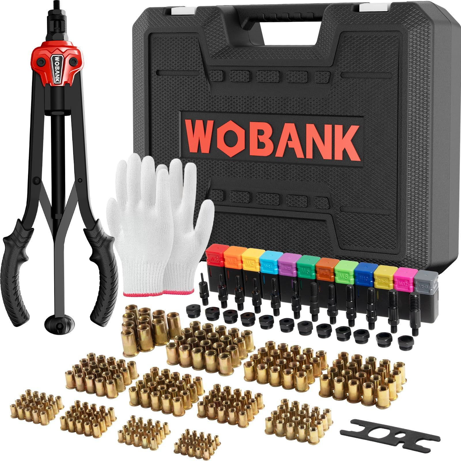 Rivet Nut Tool Kit, 16" Rivnut with 12 With 12 Mandrels & 230 Nuts, Red
