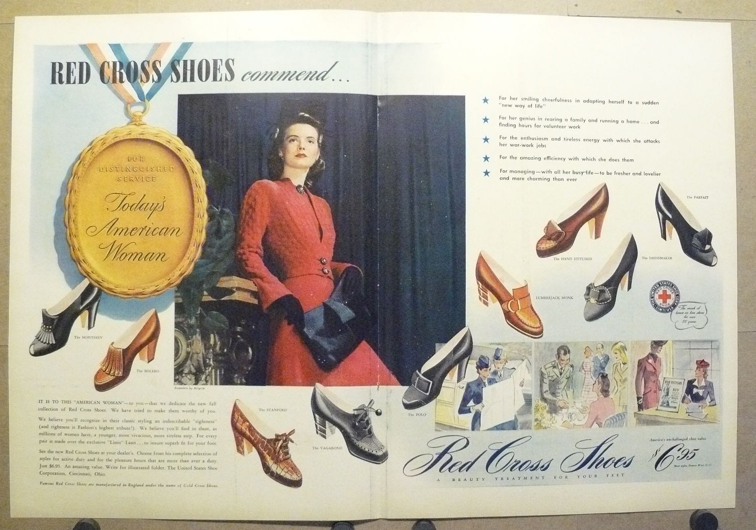 1942 Red Cross Shoes WW2 Vintage Centerfold Print Ad Women's Fashion War Work