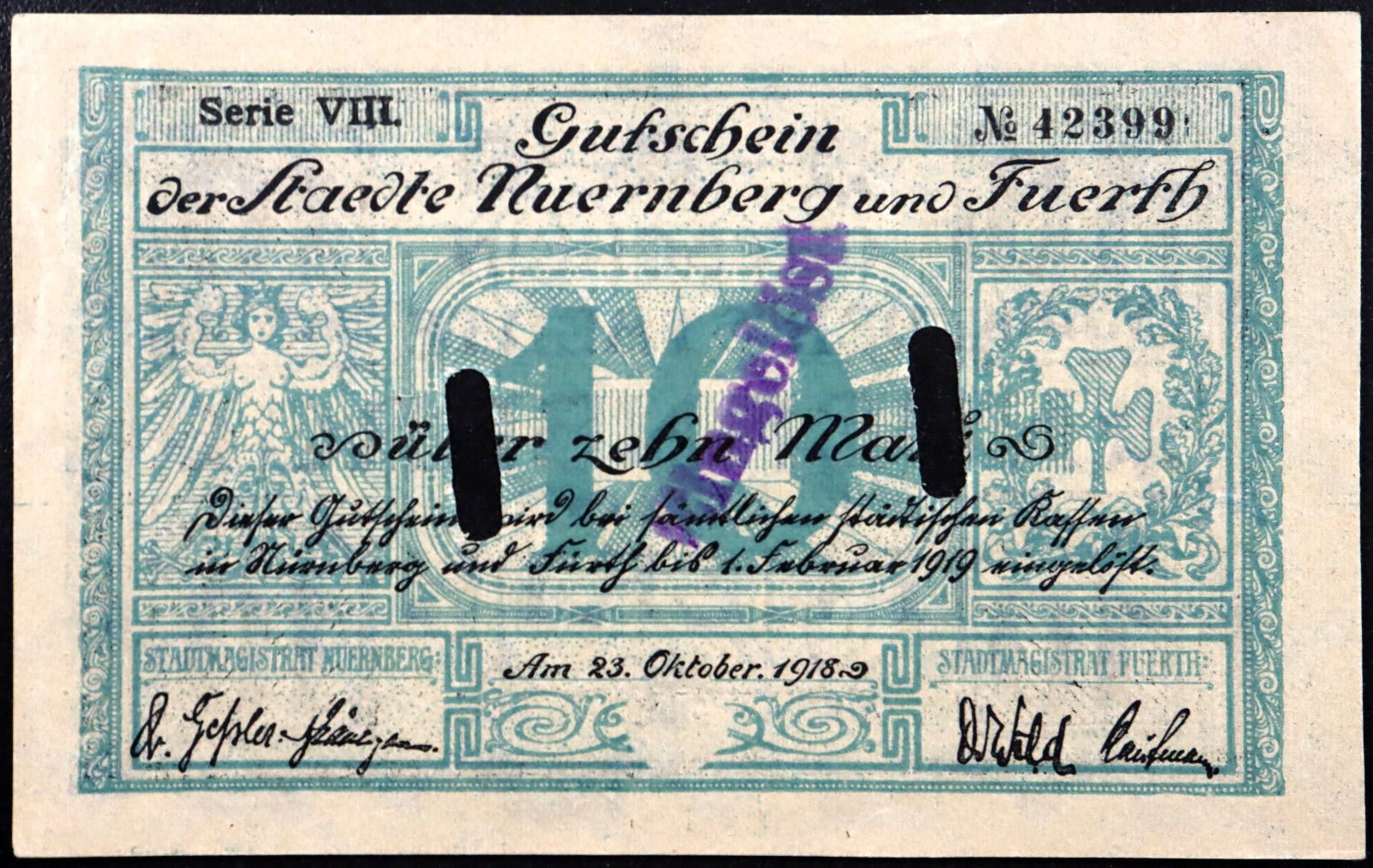 NUREMBERG (NÜRNBERG) and FÜRTH 1918 10 Mark Grossnotgeld German Notgeld Banknote