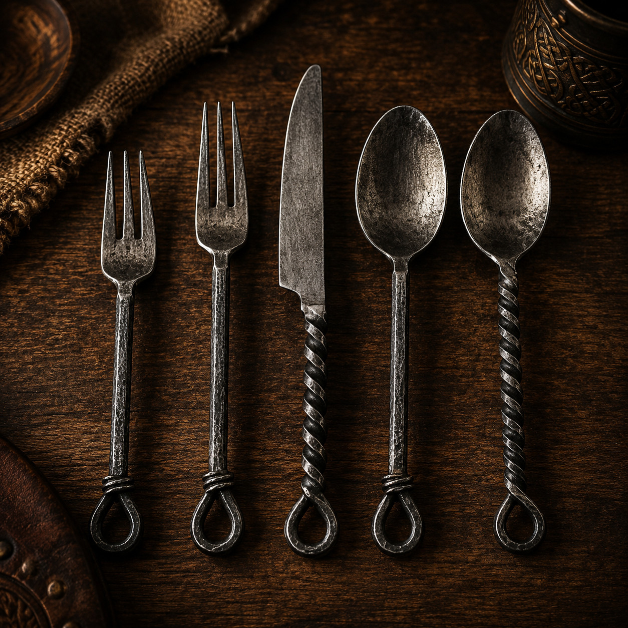Hand Forged Medieval Flatware Set Rustic Viking Cutlery Iron Spoon Fork Knife