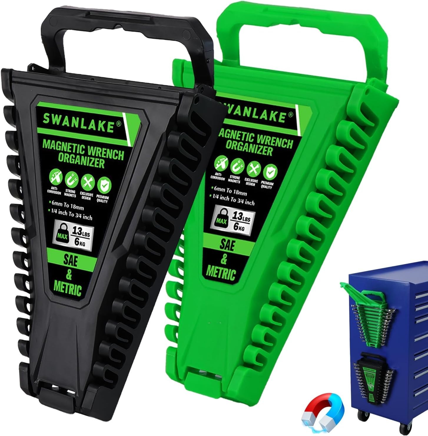 2-Piece Magnetic Wrench Organizer, Metric & SAE Portable Plastic Wrench Holder,