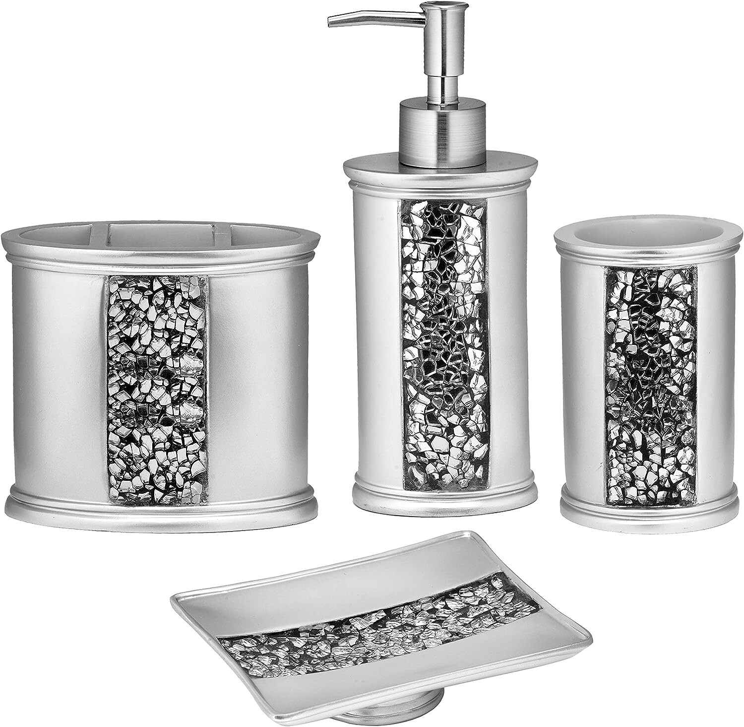 Popular Bath Sinatra 4 Piece Bathroom Set, Heavy Duty Resin Silver with Glitter