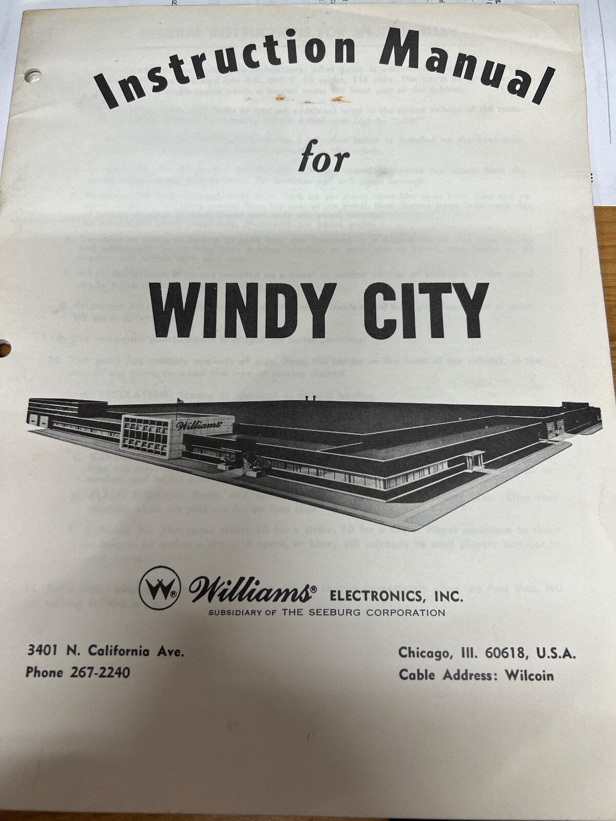 Williams: Windy City - Shuffle Alley- Instruction Manual - NOS