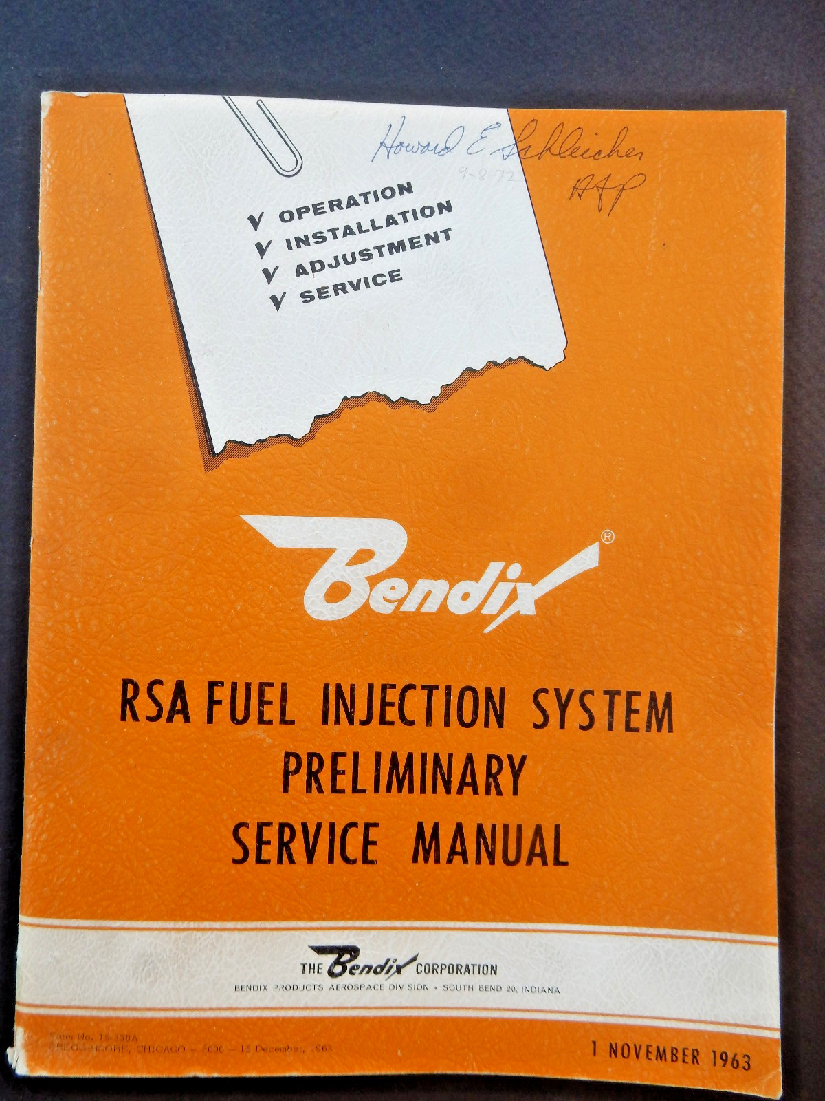 1963 Bendix RSA Fuel Injection System Preliminary Service Manual, Aircraft