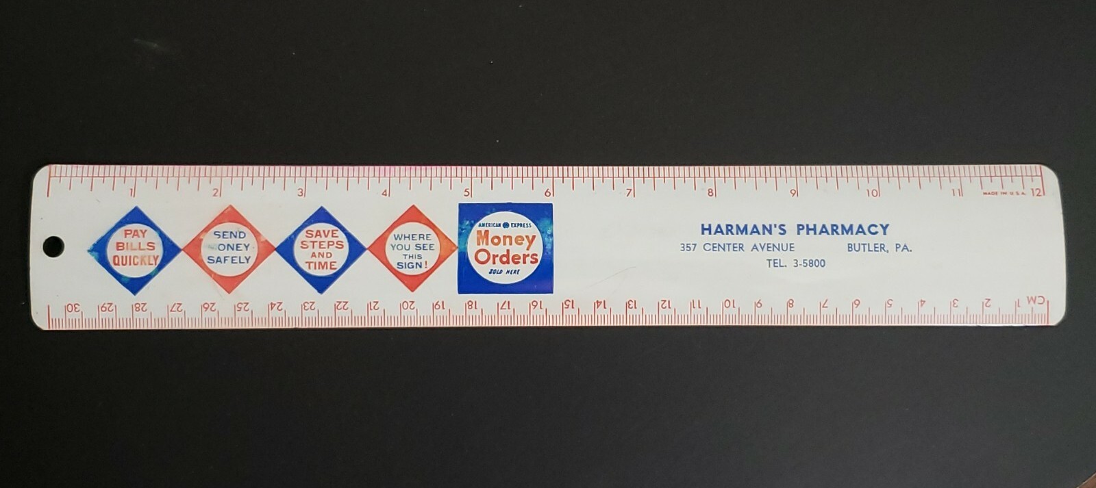 Vintage Butler PA Harman's Pharmacy Curved 12" Metal Advertising Ruler