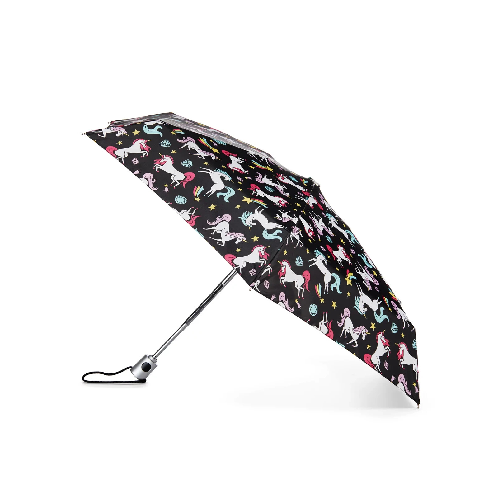 Totes One-touch Auto Open Mini Umbrella NeverWet 39" Black Combo Unicorn NEW
