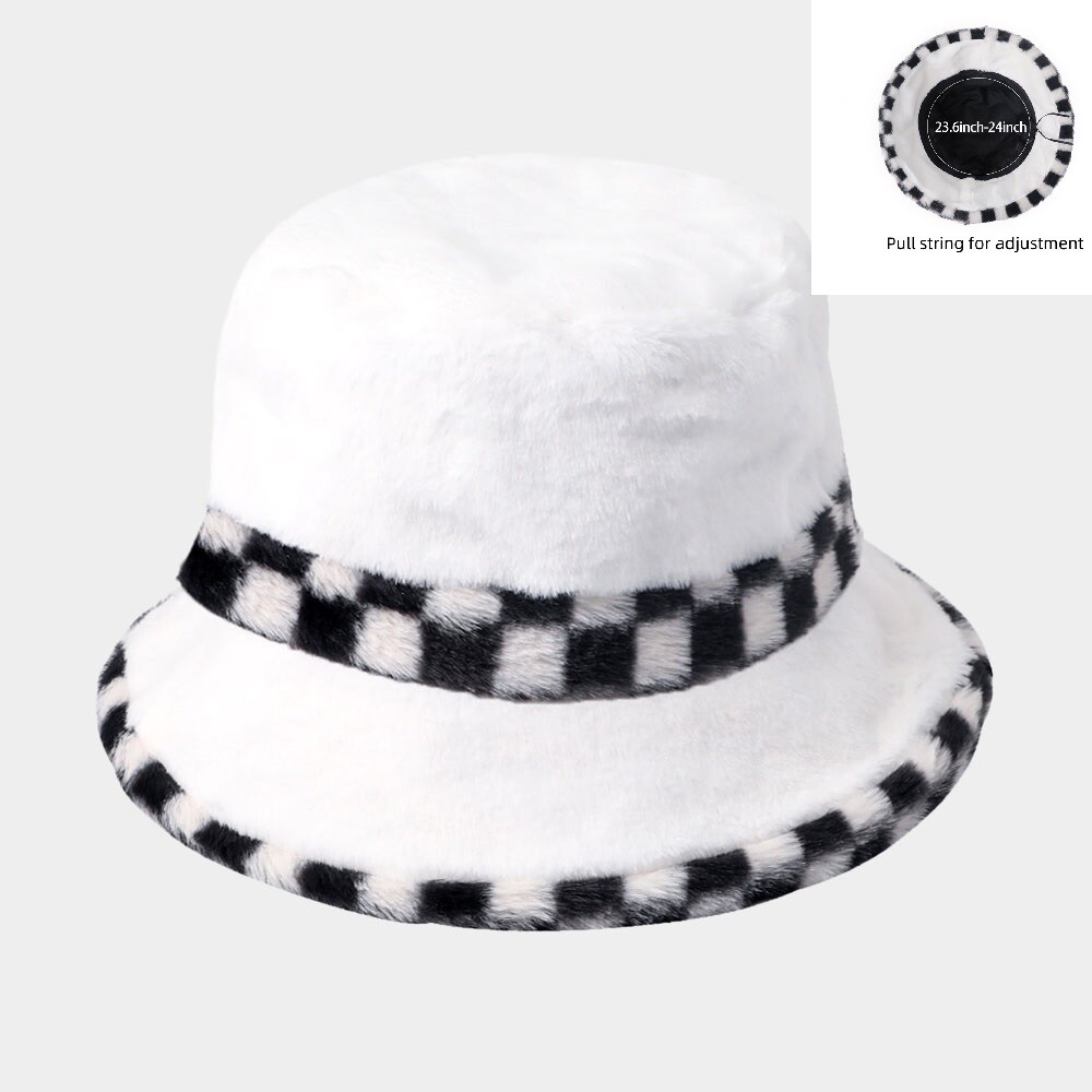 Checkered Plaid Warm Faux Fur Winter Bucket Hat Fuzzy Soft Lining Wide Brim NEW