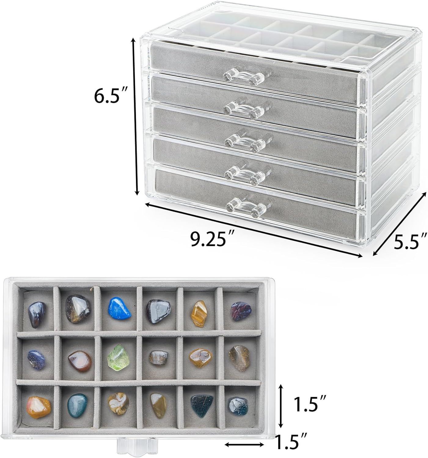 Clear Acrylic Rock Display Case, 5 Layer 90 Grids Rock Collection Case with Adju