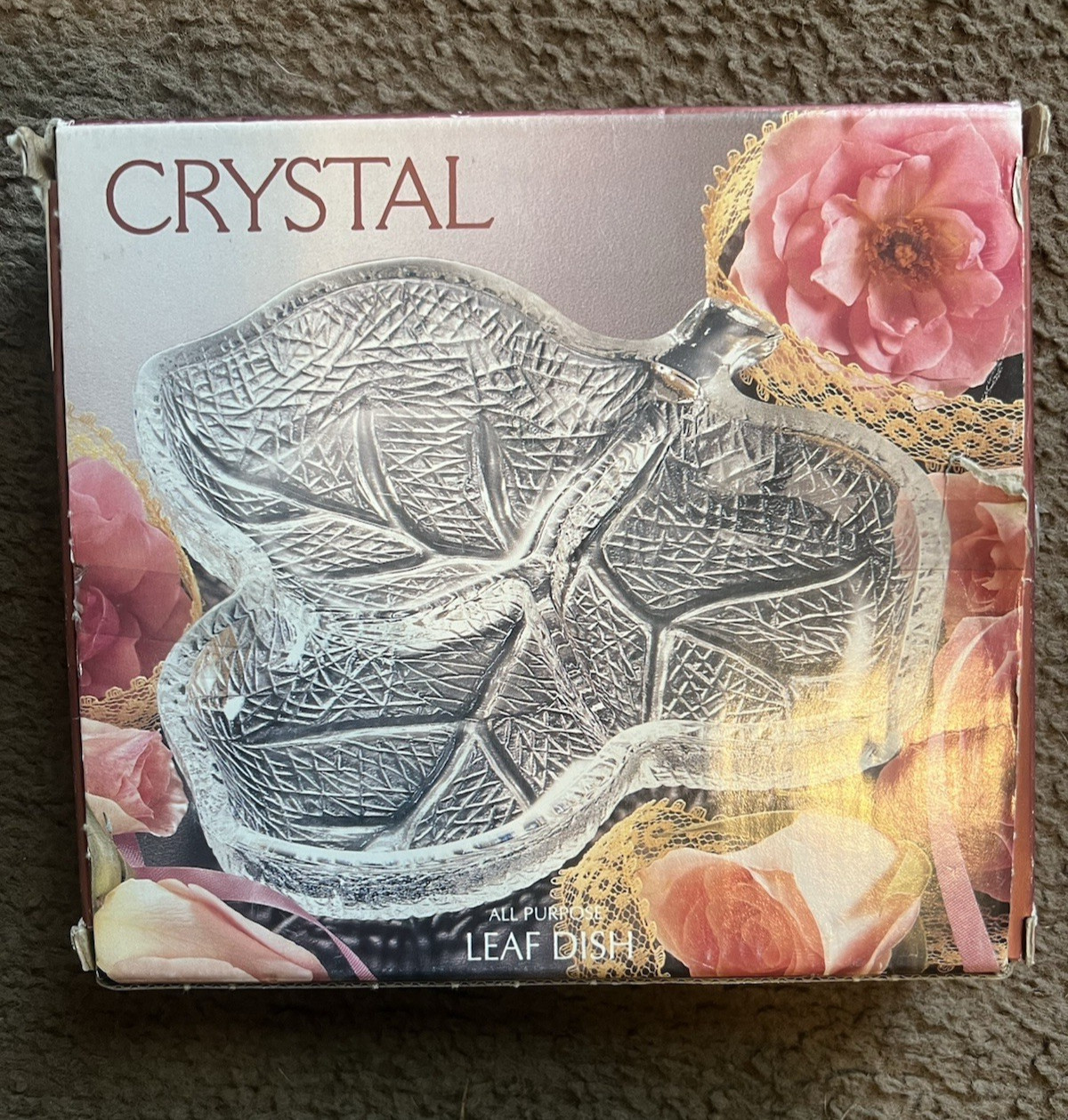 VTG ALCO CLEAR CRYSTAL LEAF SERVING/TRINKET DISH WITH (3) DIVIDES SECTIONS