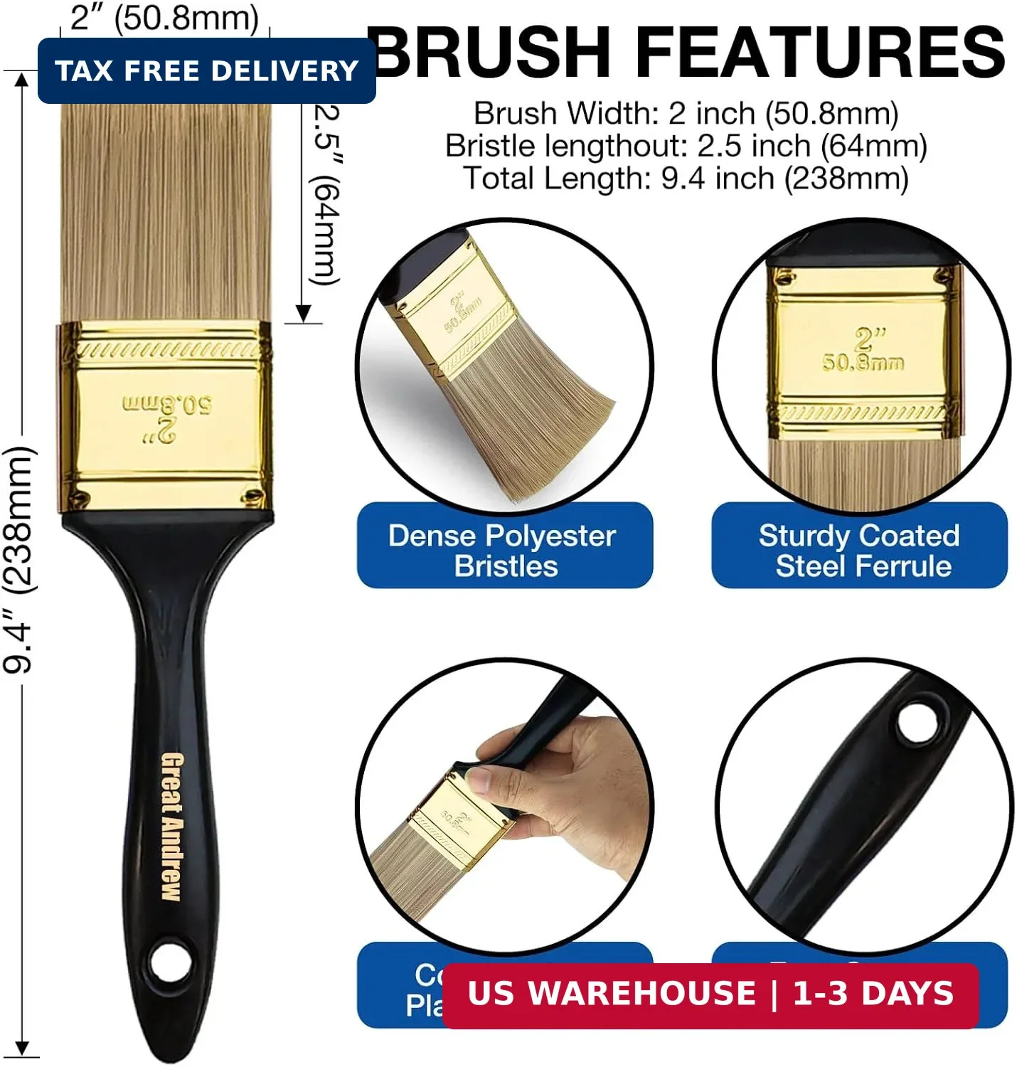 Great Andrew Paint Brushes, 10 PCS 2" Bulk Paint Brush Pack | Multi Use, Flat Pa