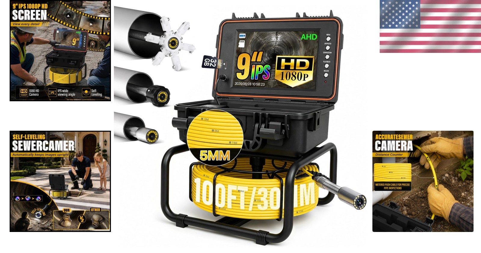 High-Performance 100FT Self-Leveling Pipe Camera with 5x Zoom & 10-Hour Battery
