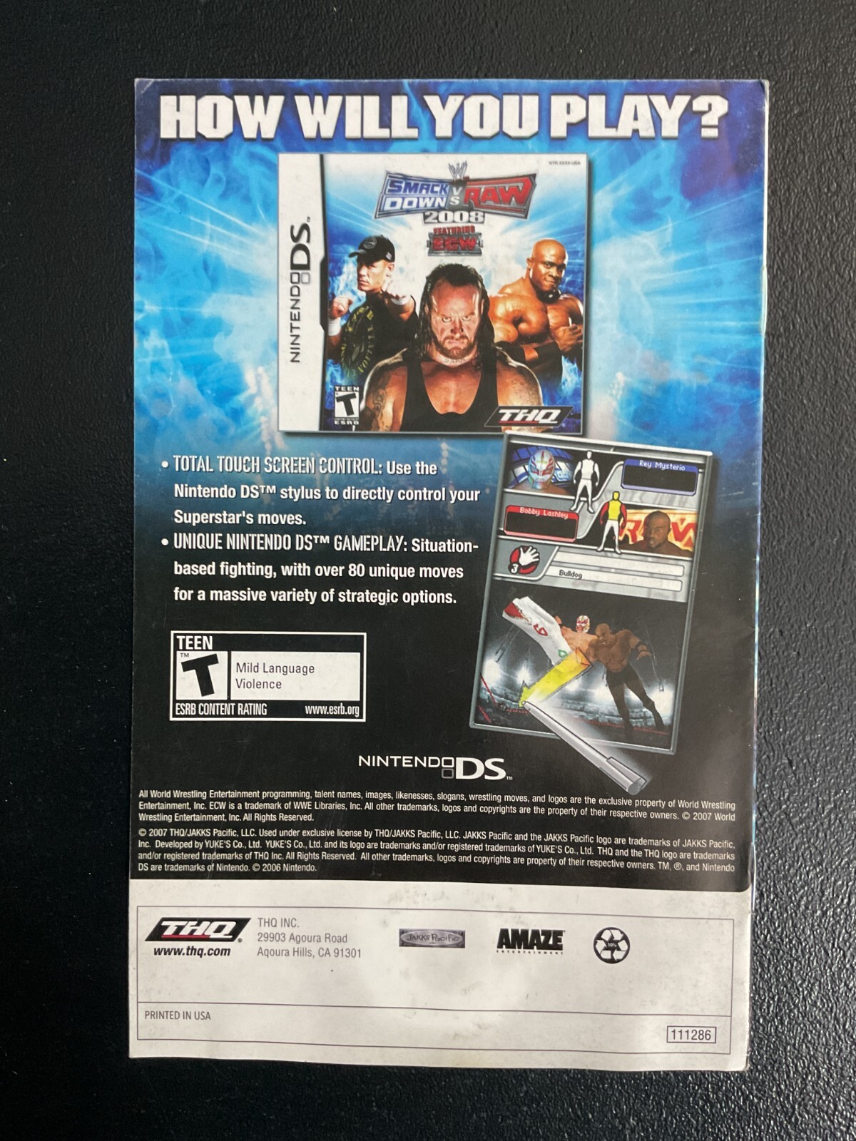 WWE Smackdown vs. RAW 2008 Nintendo Wii Instruction Manual Only