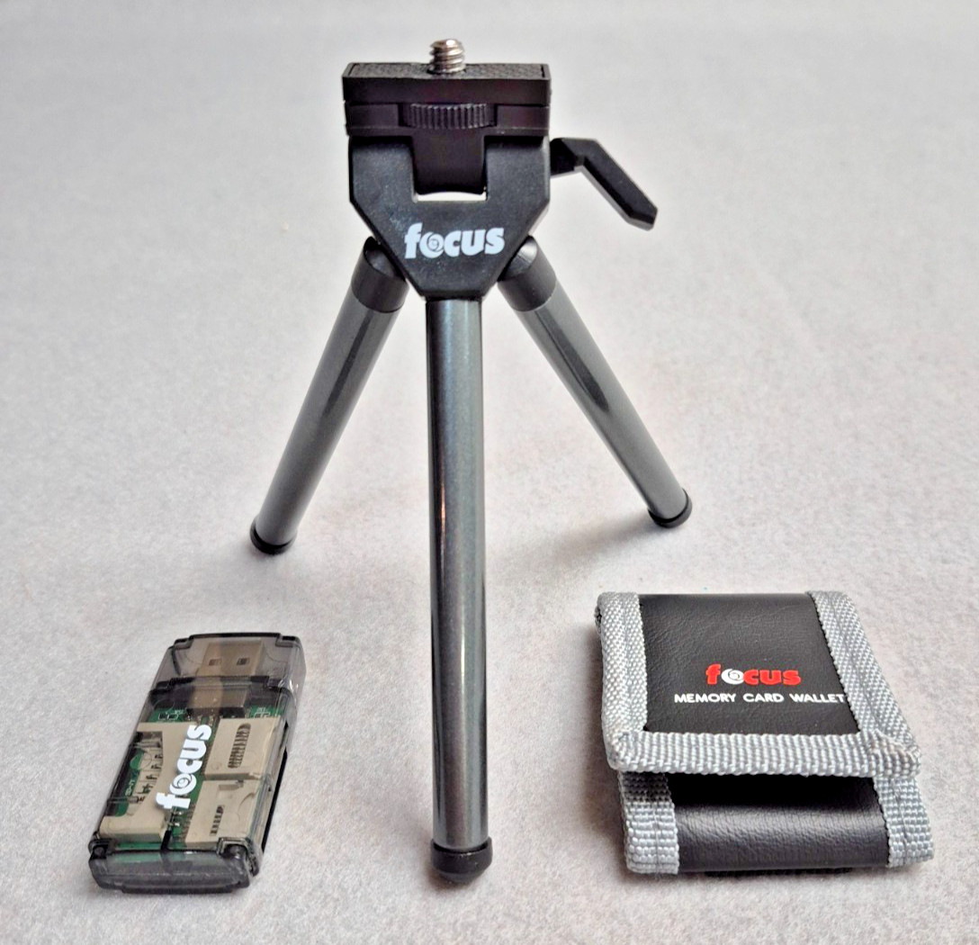 Lot of Focus Digital Camera Accessories Tripod Flash Card Adapter SD Card Wallet