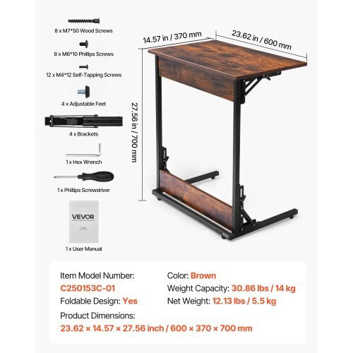 C Table, Folding C Shaped End Table with Metal Frame & Adjustable Feet, Foldabl