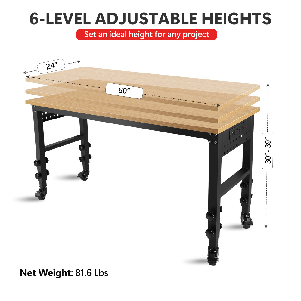 Rolling Heavy-Duty Adjustable Workbench with Power Outlet and Wheels