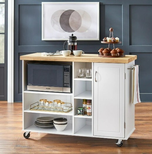Rolling Microwave Storage Cart Utility Cabinet Coffee Station Kitchen White Wood