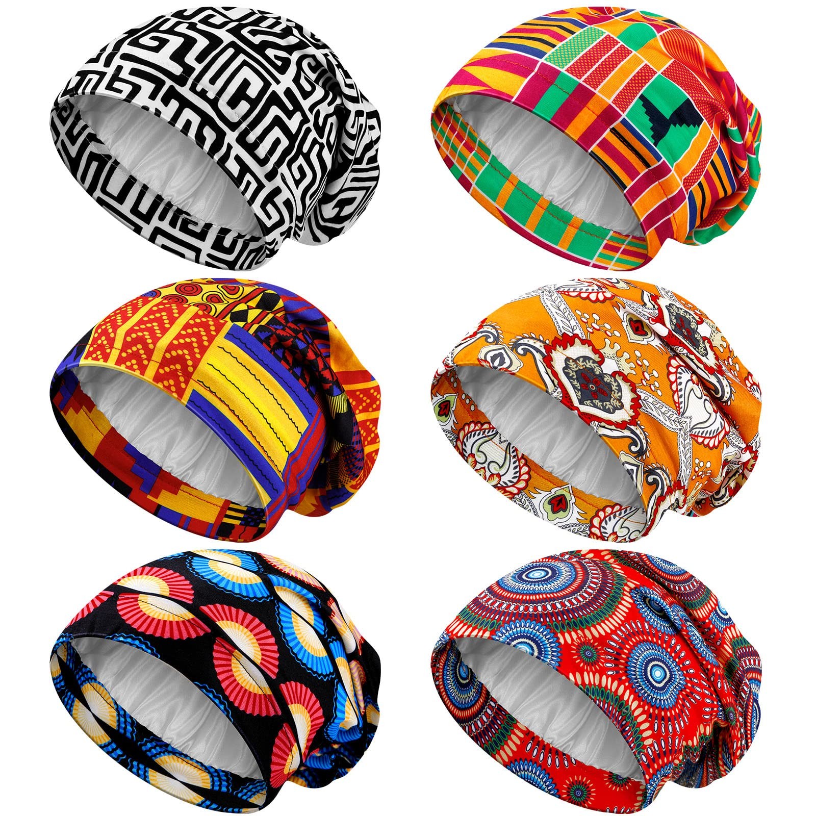 Satin Lined Bonnet Sleep Chemo Hat 6 Pcs Stretch Cap for Women Men - Bright