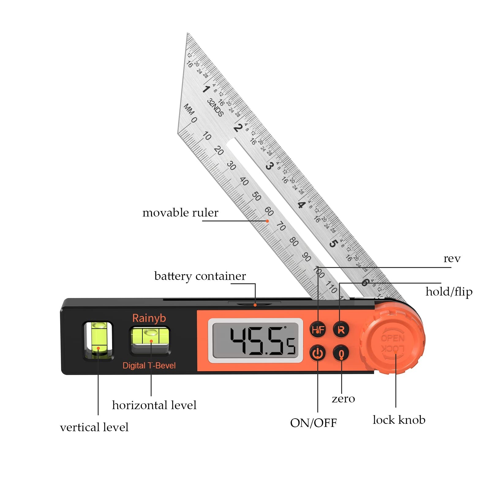 Digital Angle Finder Protractor 0-360 Degree T-Bevel Gauge & Protractor with ...