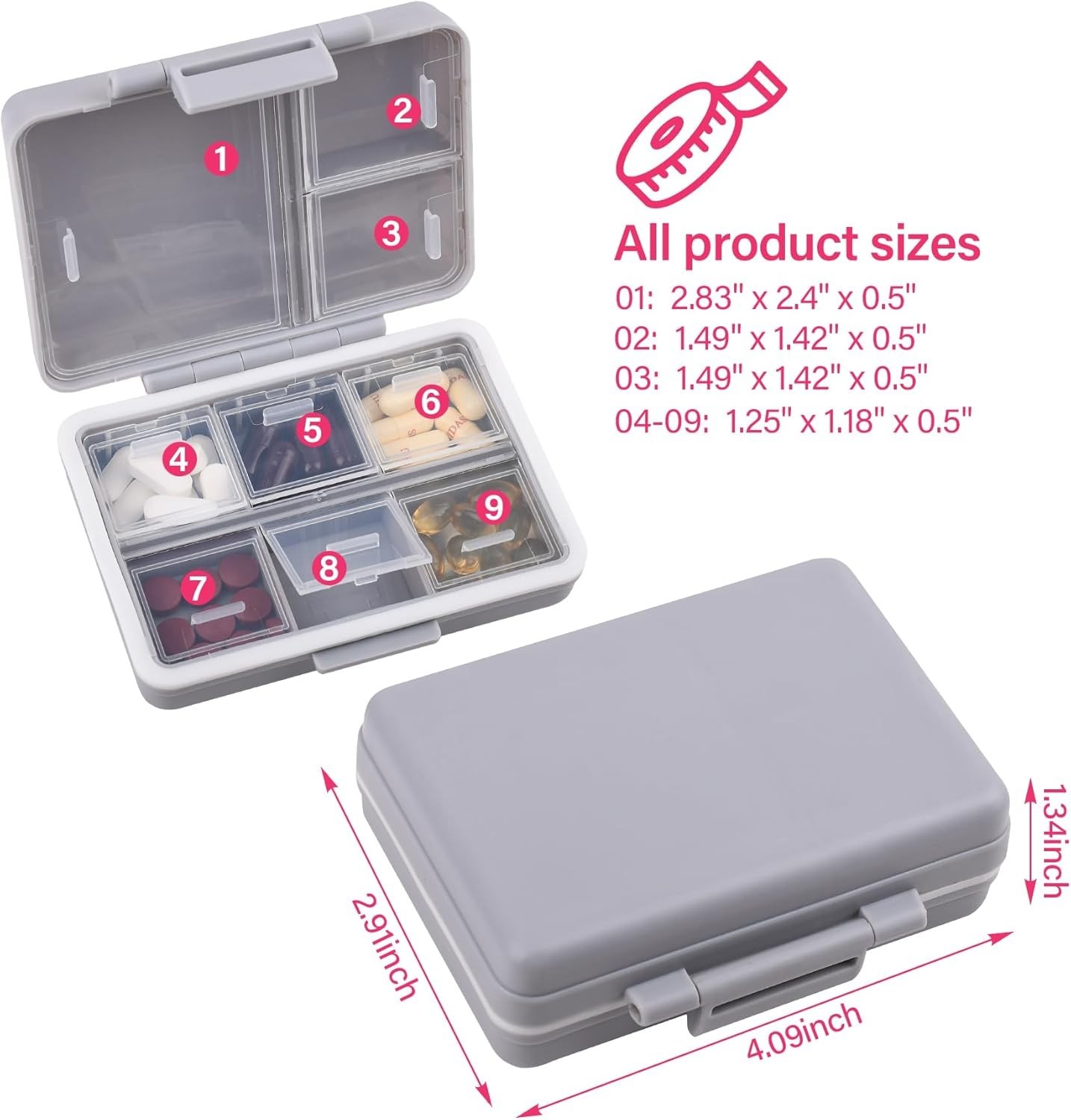Moisture-Proof 9-Compartment Pill Case - Secure Grey Pill Organizer for Vitamins