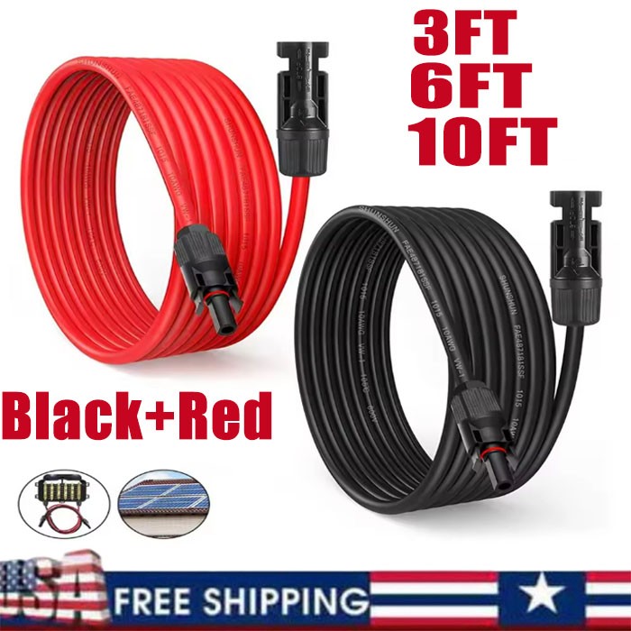 Black+Red 10 AWG Solar Panel Extension Cable Silicone Flexible Wire Connectors