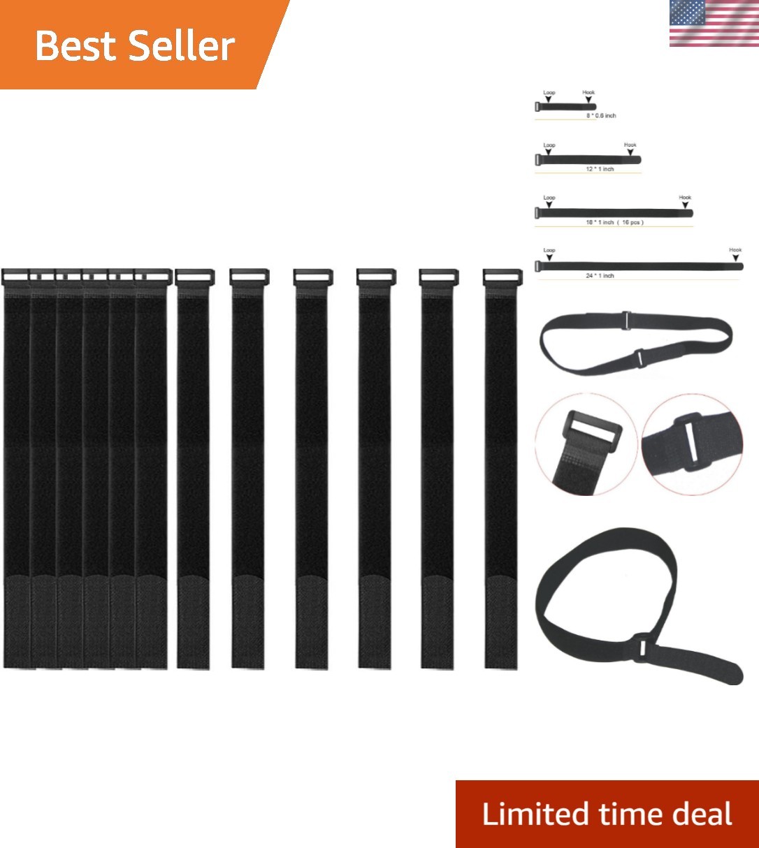 16 Pack] 1 x 18" Hook and Loop Reusable Fastening Nylon Cable Securing Straps...