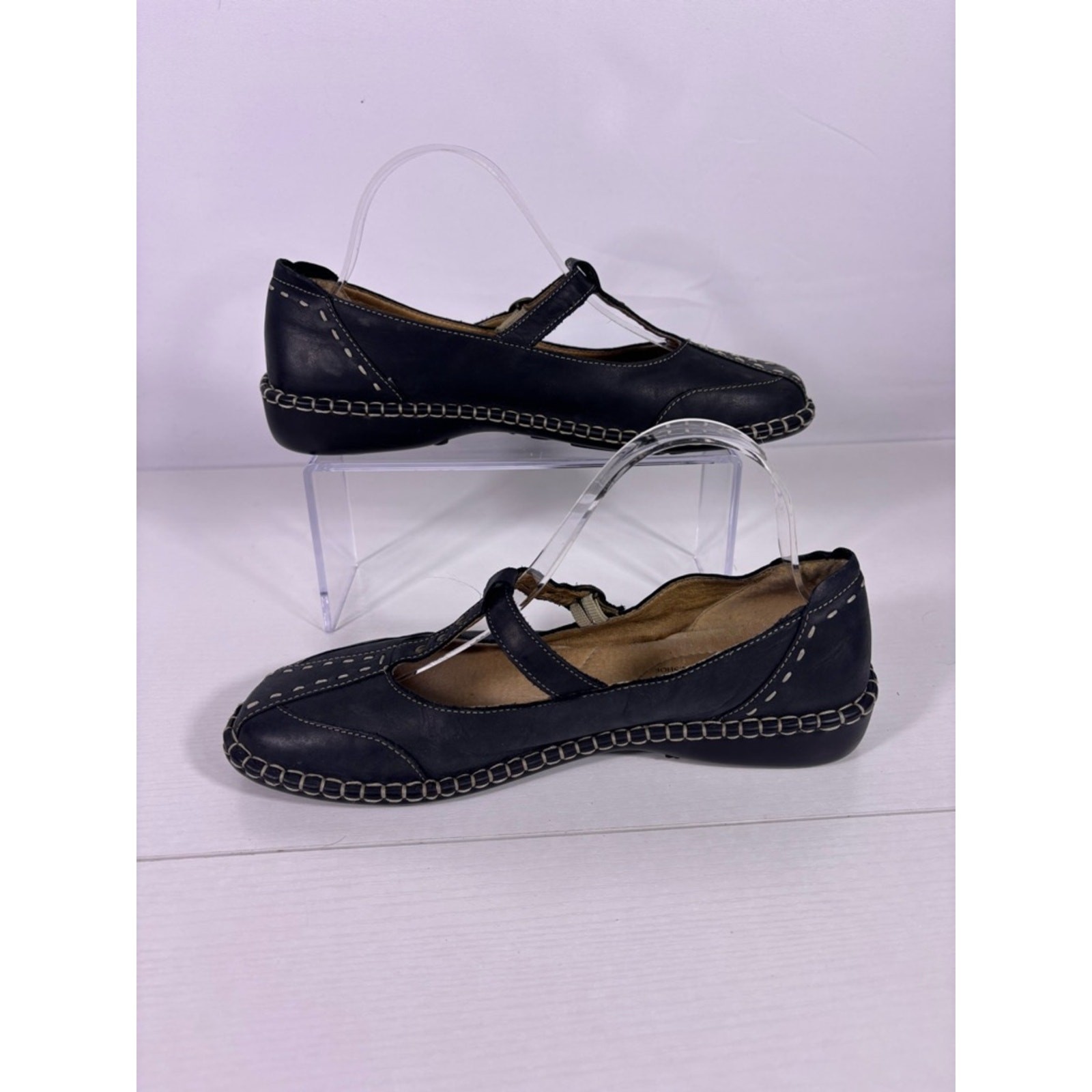 Josef Seibel Black Leather Mary Jane Flats Contrast Stitching Comfort Shoes 41