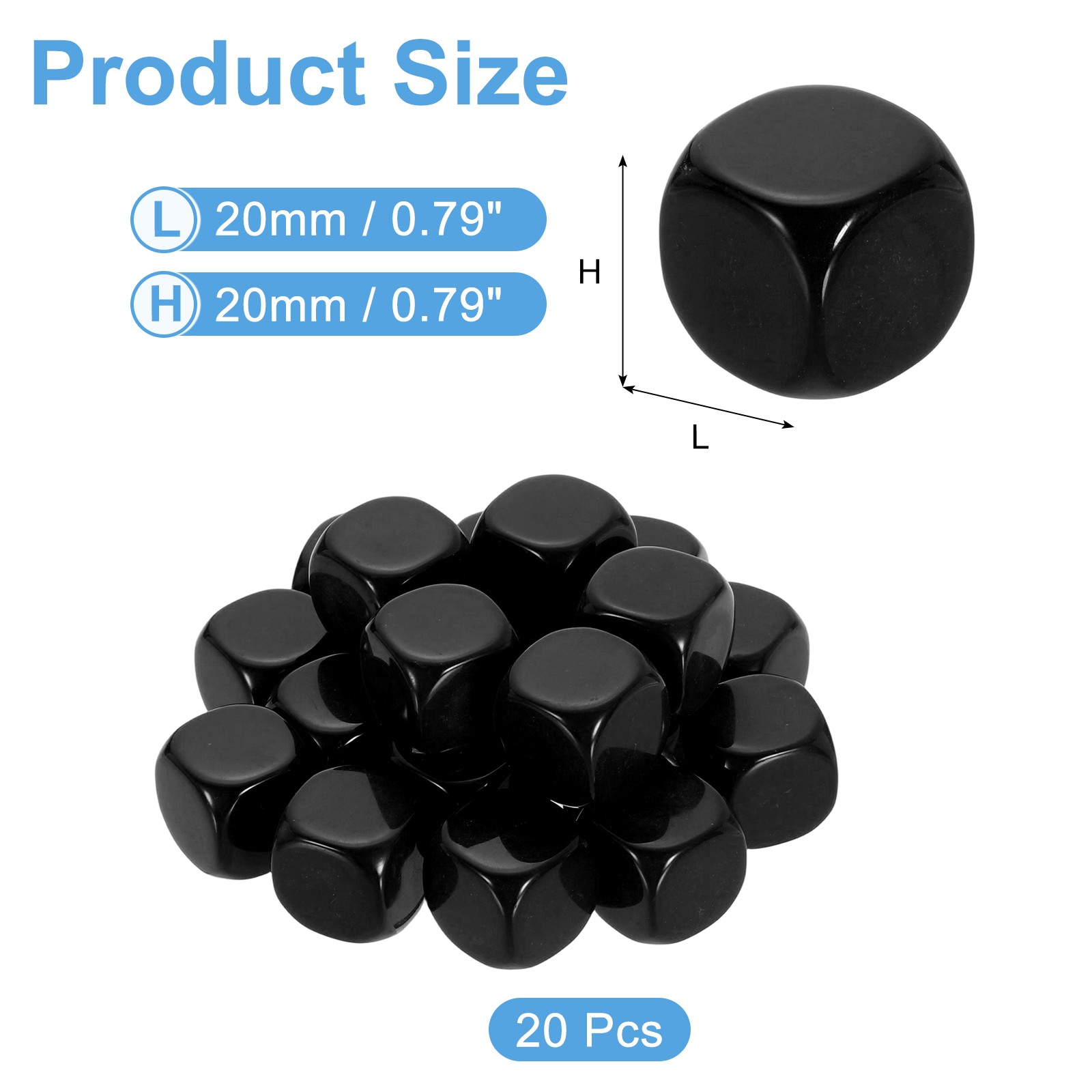20pcs Rounded Smooth Six Sides 20mm/0.8inch Acrylic, Black