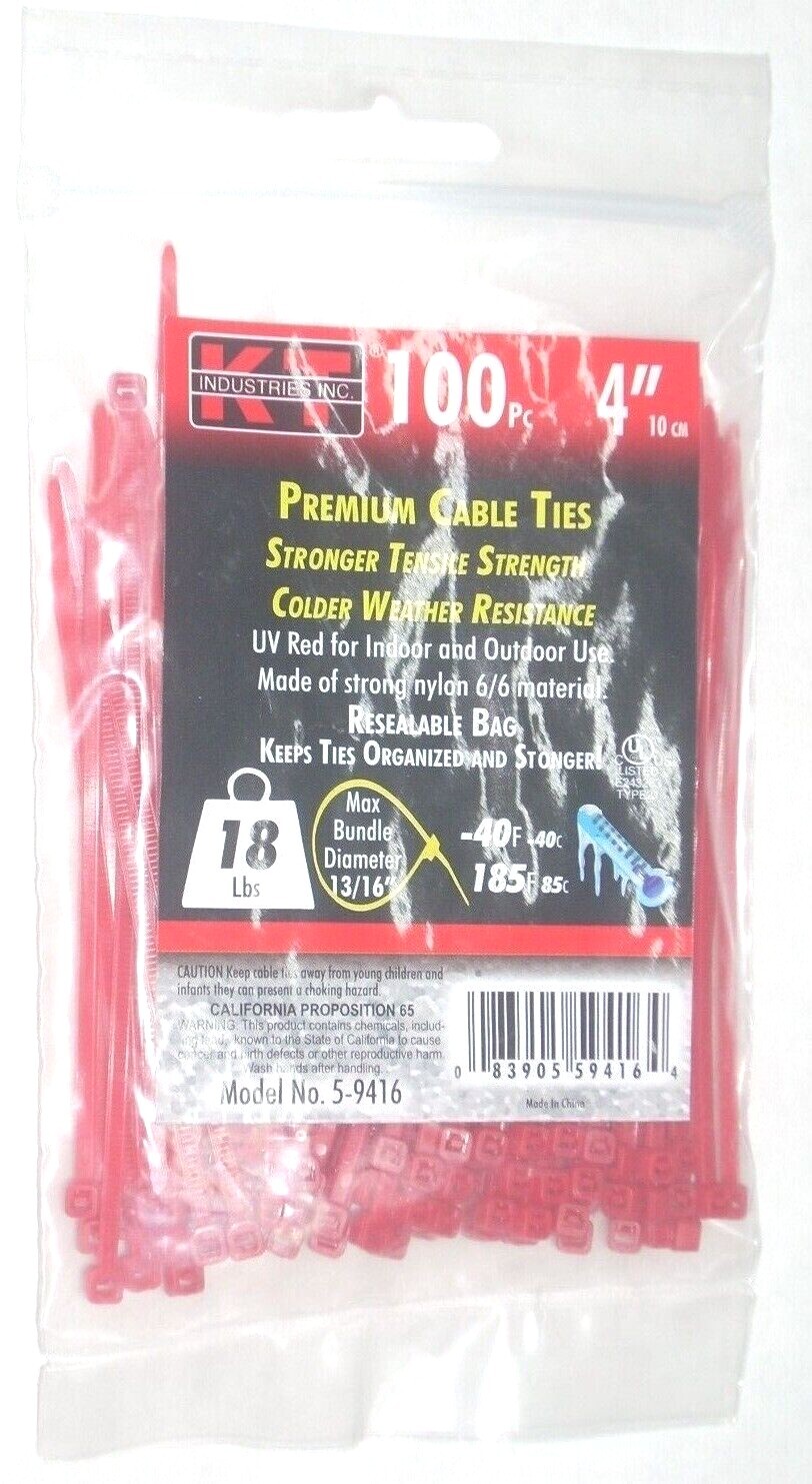 KT Industries 5-9416 Premium Red Cable Ties 4" Long 18 lb Cap 100 pk