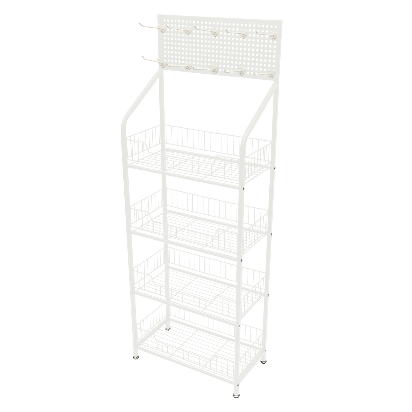 4-Tier Metal Snack Display Rack With Hooks & Wheels White