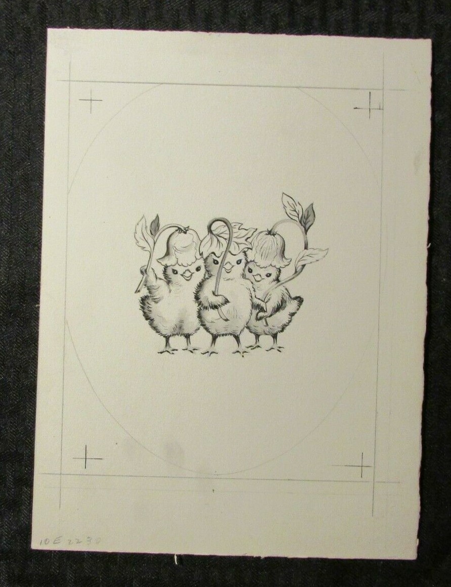 HAPPY EASTER 3 Baby Chicks w/ Flower Hats 7x10" Greeting Card Art #2230