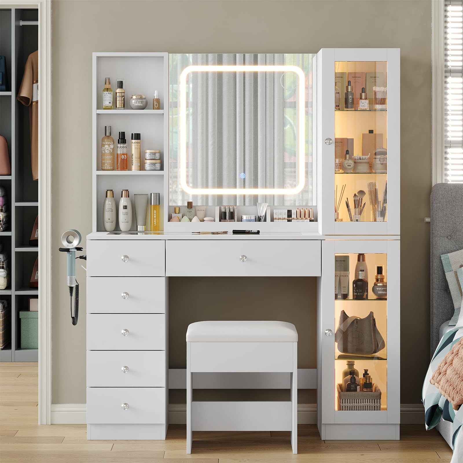 Makeup Vanity with LED Mirror Charging Station 6 Drawers