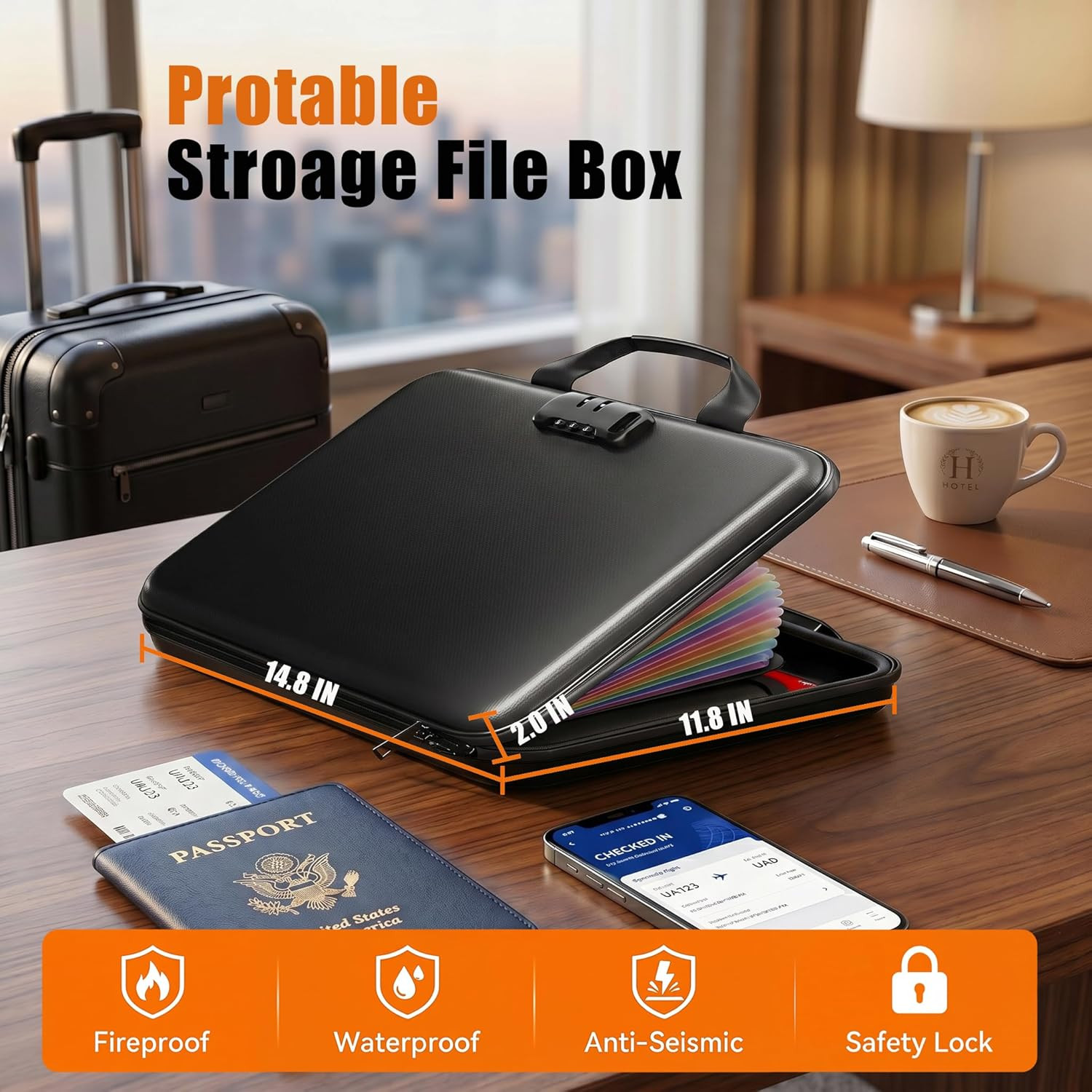 Fireproof Document Organizer with Lock, Rigid EVA File Box with 13-Pocket Accord