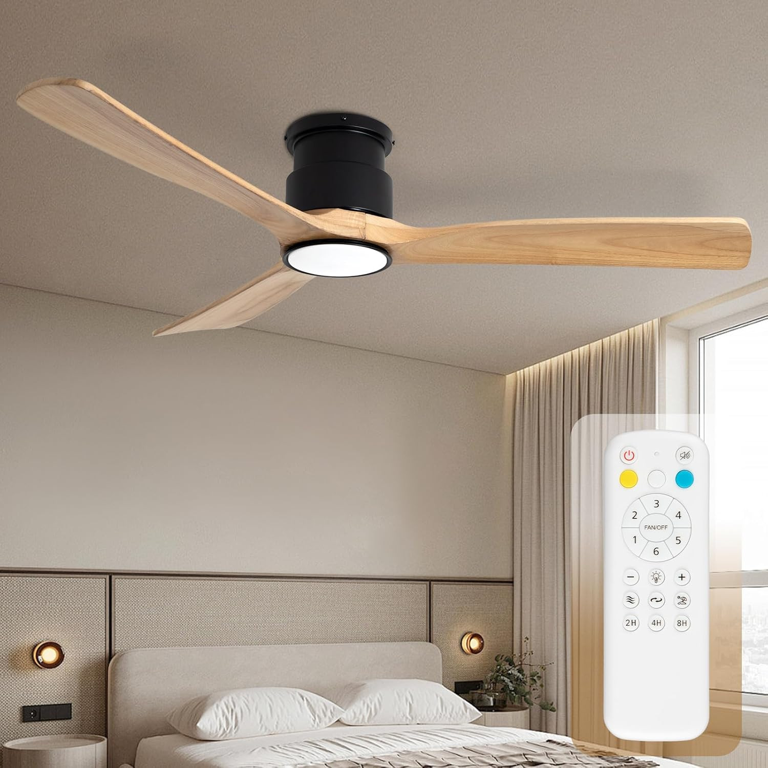 52" Wood Ceiling Fan with Lights, Remote, Dimmable, 6 Speeds, Noiseless