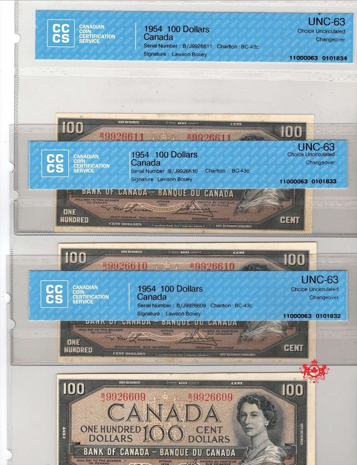 1954 Bank Of Canada 100$ Modified Lawson/Bouey Consecutive Serie - CCCS Unc63 -