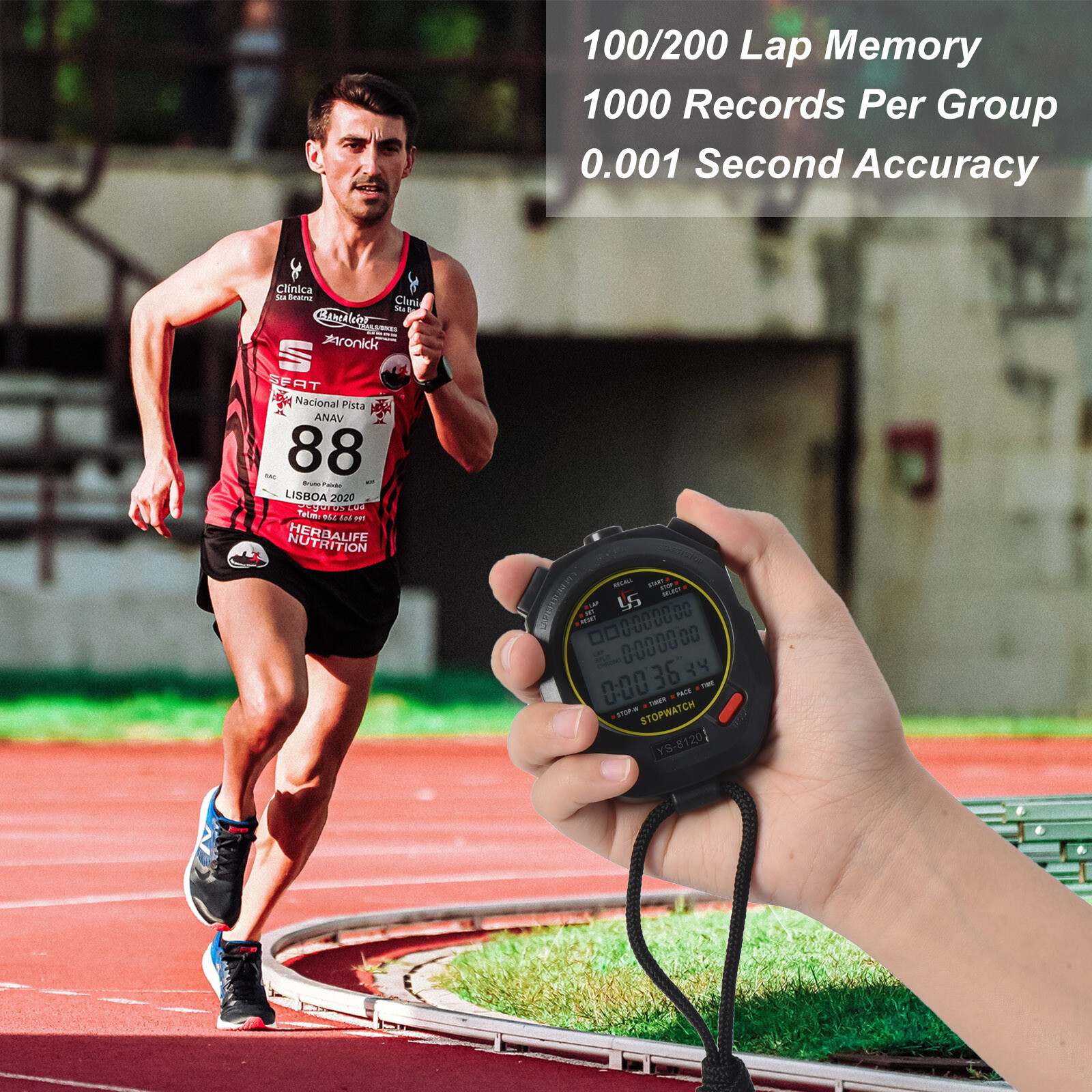 Professional Sport Stopwatch Timer 120 Lap Memory 0.01 Second Timing Black